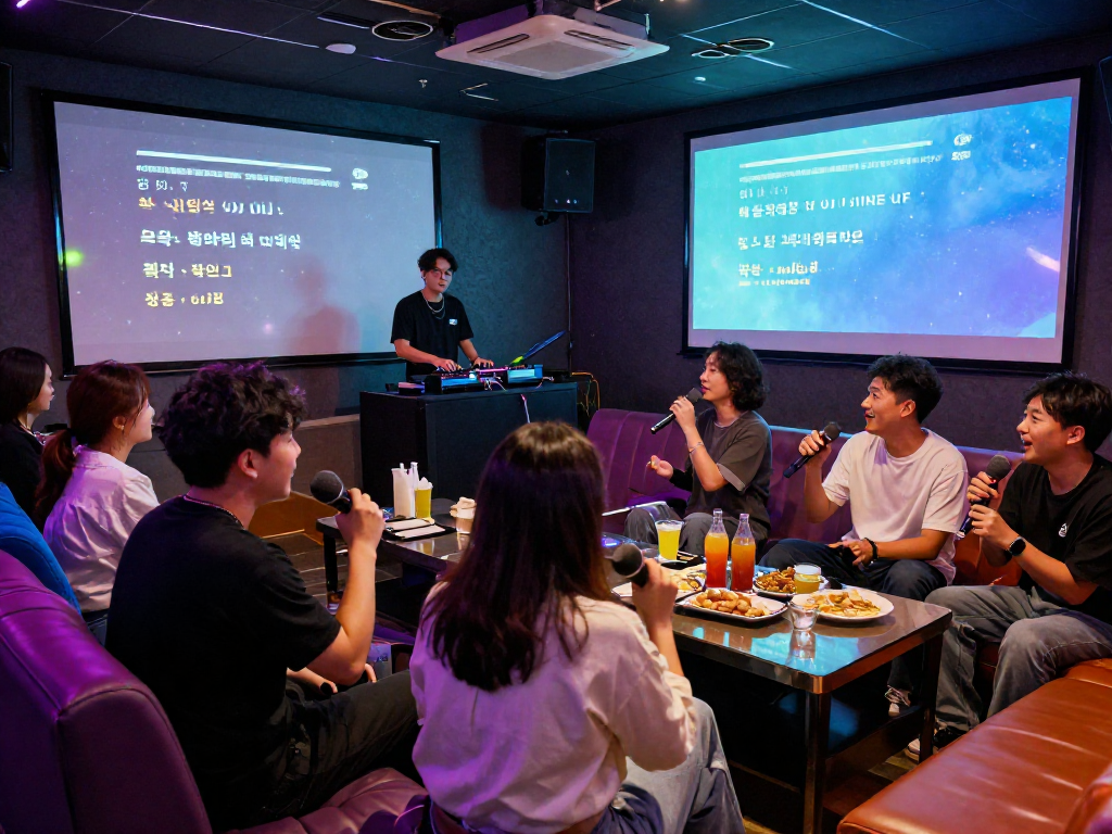 강남 달토에서 즐거운 노래방 세션을 즐기는 손님들