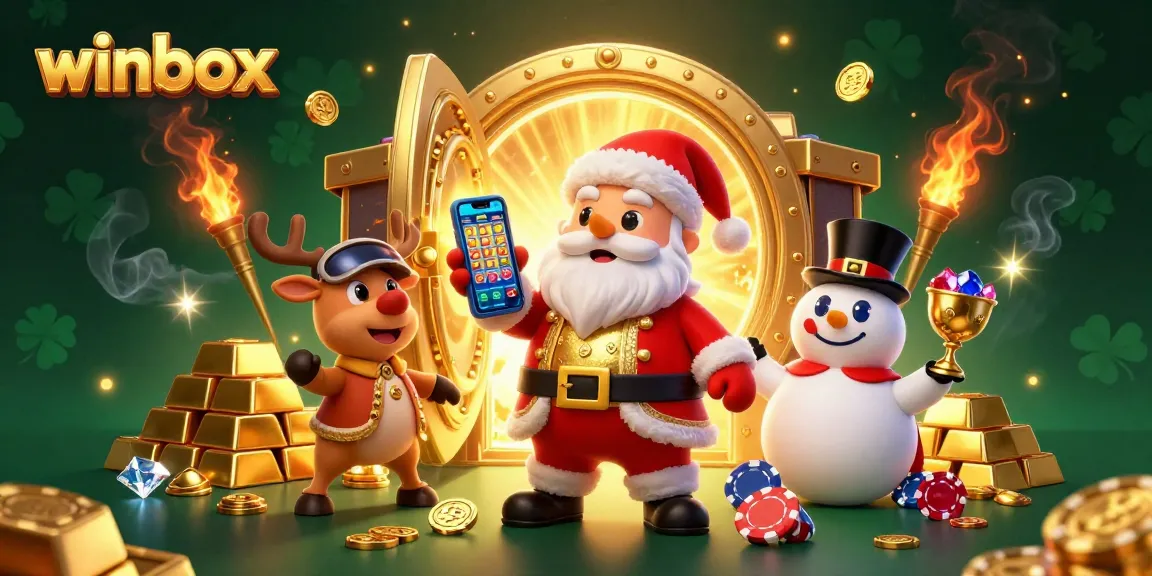 Experience fun with winbox as Santa, a reindeer, and a snowman celebrate jackpot wins in a vibrant casino.