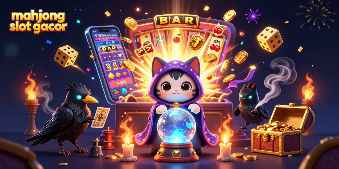 Play mahjong slot gacor with a dynamic scene of mystic characters and casino elements bursting with energy.