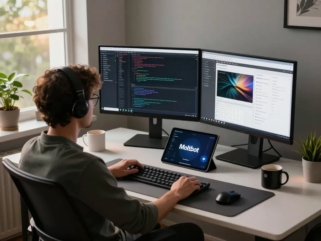 Moltbot AI showcased in a modern workspace with coding setup and ambient lighting.