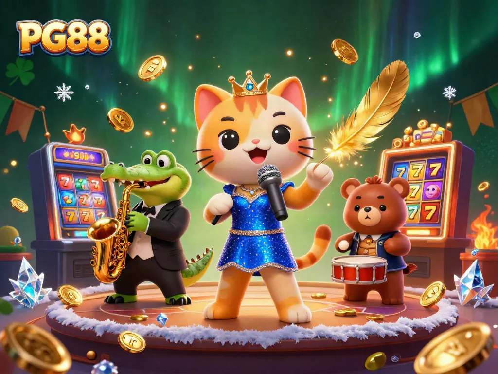 Engage with PG88's vibrant casino atmosphere featuring a singing cat, saxophone croc, and drumming bear.