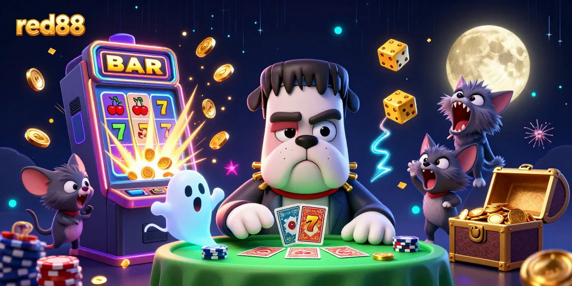 Engaging scene showcasing the red88 casino spirit with a Frankenstein bulldog dealing cards and a jackpot explosion of coins.