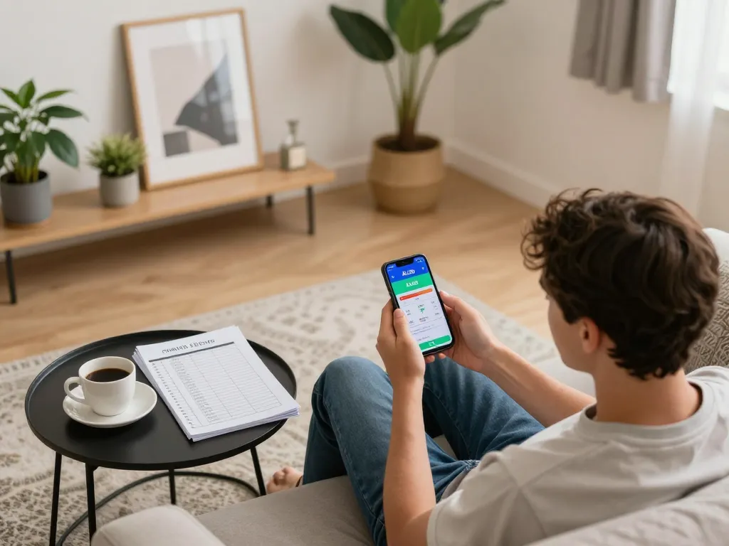 Engaged player using ALO8 mobile app while relaxing on a stylish couch, showcasing modern gambling lifestyle.