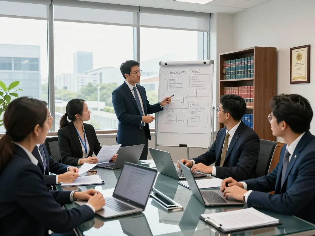 Diverse team of USA lawyers collaborating in a modern conference room, discussing a complex case with diagrams on a whiteboard.