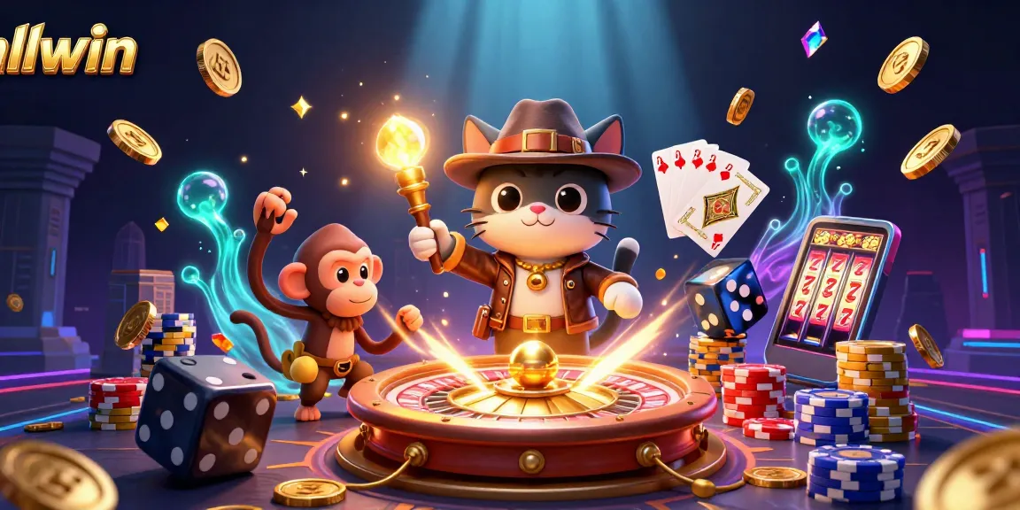Experience llwin's exciting world with a cartoon cat archaeologist discovering winning casino artifacts amid dynamic gaming elements.