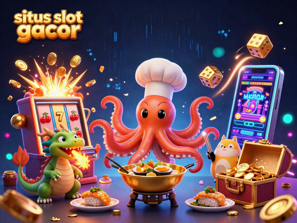 Experience situs slot gacor with a vibrant 3D illustration of a sushi chef octopus and a jackpot slot machine bursting with excitement.