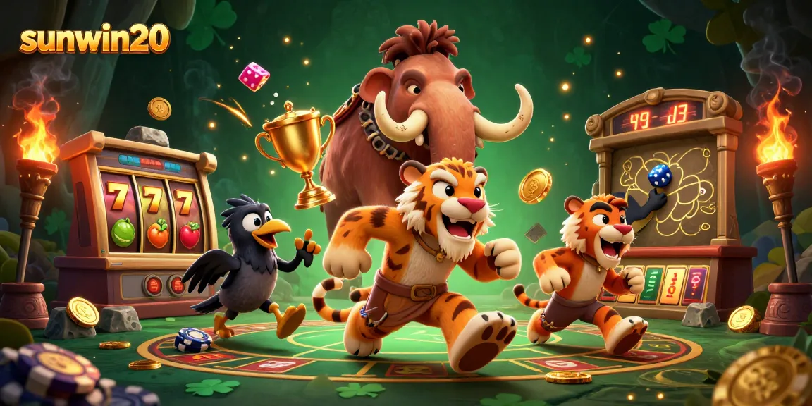 Experience excitement at sunwin20 with a vibrant prehistoric casino scene featuring engaging characters and dynamic elements.