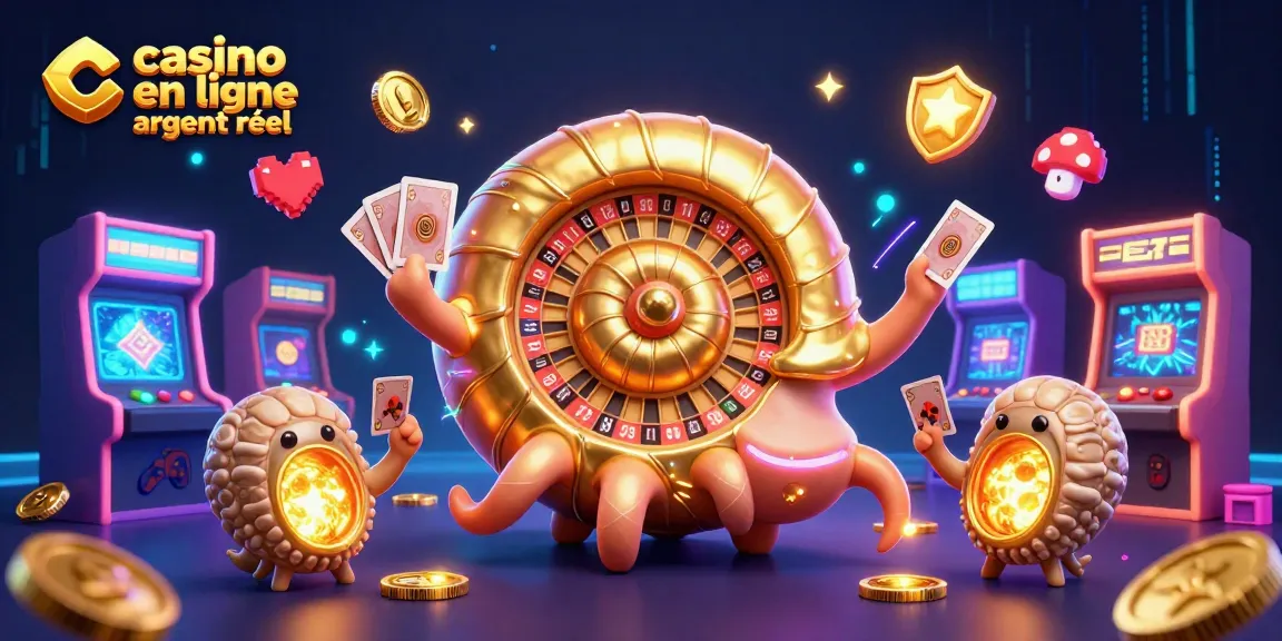Une illustration dynamique illustrant le jeu sur un casino en ligne argent réel avec un nautilus géant et des éléments de jeu variés.