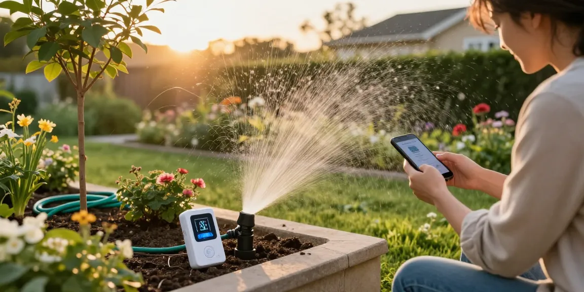 Smart sprinkler in a vibrant garden setting, enhancing growth and water efficiency.