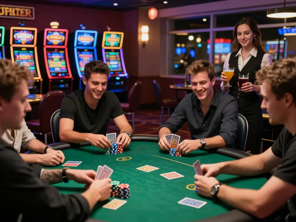 Players enjoying a lively poker game with chips and cards in a vibrant casino setting.