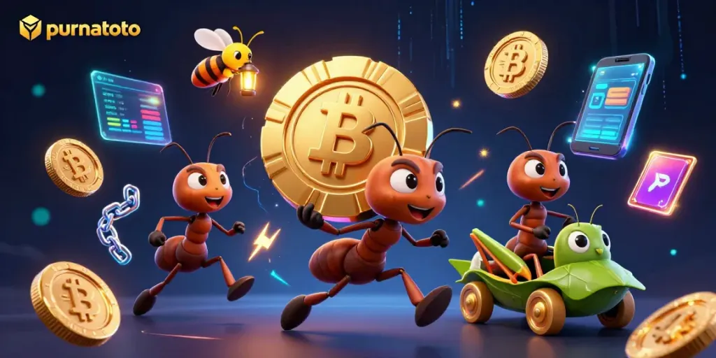 Semut beraksi di purnatoto sambil membawa chip poker emas besar, dikelilingi elemen kripto.