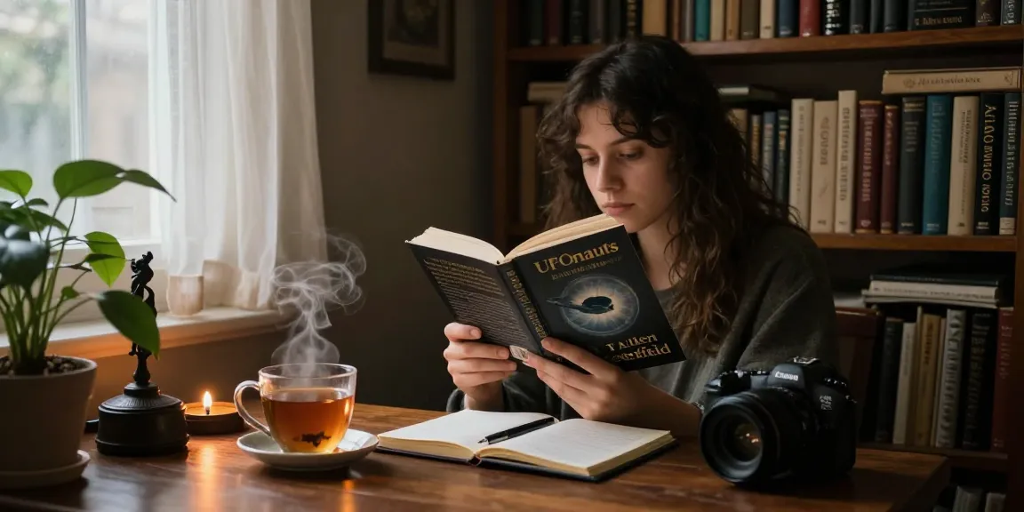 T Allen Greenfield's book "UFOnauts" being read at https://tallengreenfield.com in a cozy, inviting reading space.