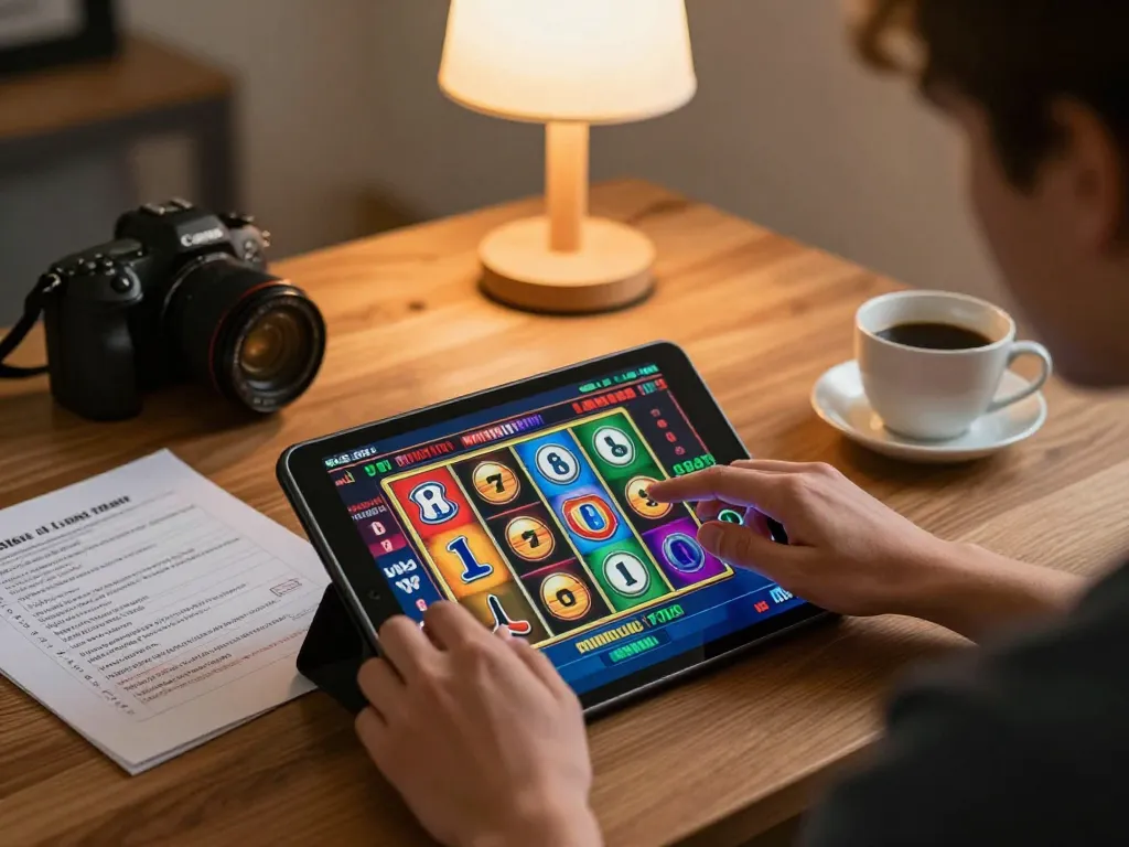 Playing an exciting slot game on a tablet while enjoying a cozy home setting.