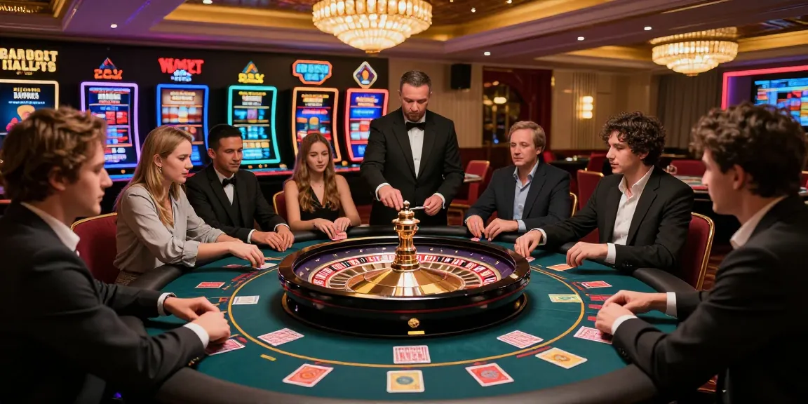 Joueurs profitant d'une atmosphère dynamique de casino en ligne fiable avec une roue de roulette et des interactions animées.