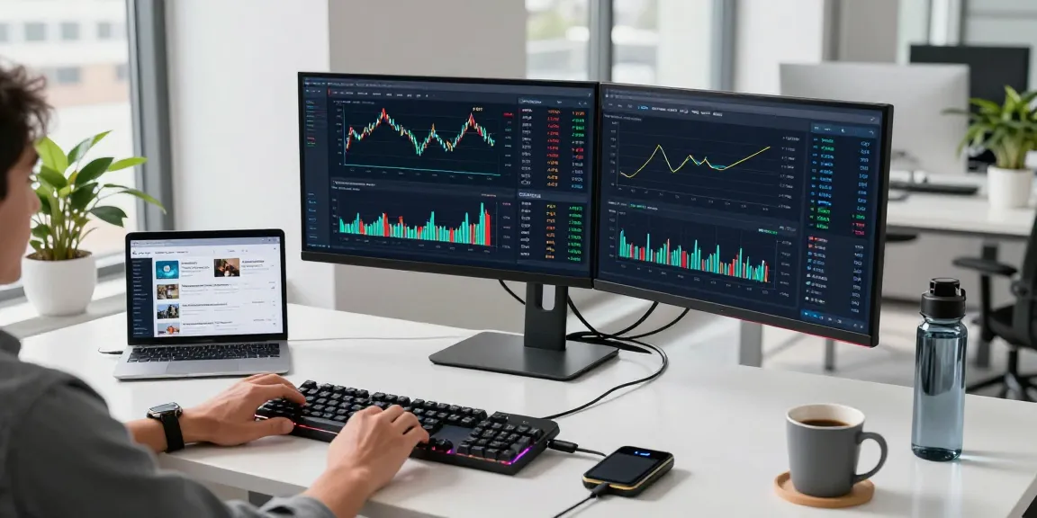 Engaging scene of a cloud mining site analysis with cryptocurrency trading setups highlighting Bitcoin and Ethereum dashboards.