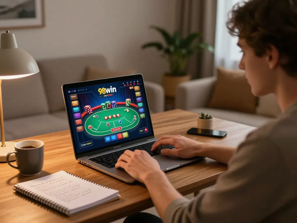 Engaged player strategizing at home clearly using 98win online casino interface with poker game.