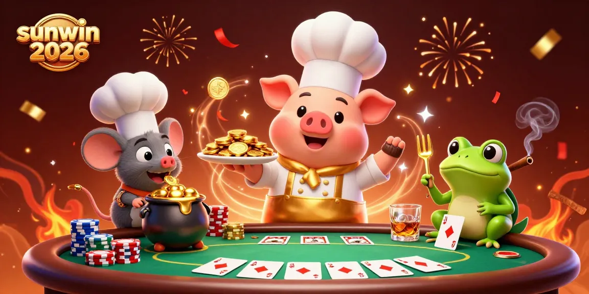 Experience the excitement of sunwin 2026 with a vibrant casino scene featuring a chef pig, mouse, and frog indulging in golden riches.