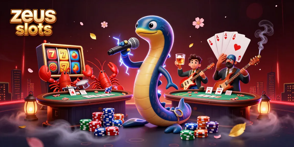 Experience thrilling wins with zeus slots in this vibrant underwater casino scene filled with characters and elements.