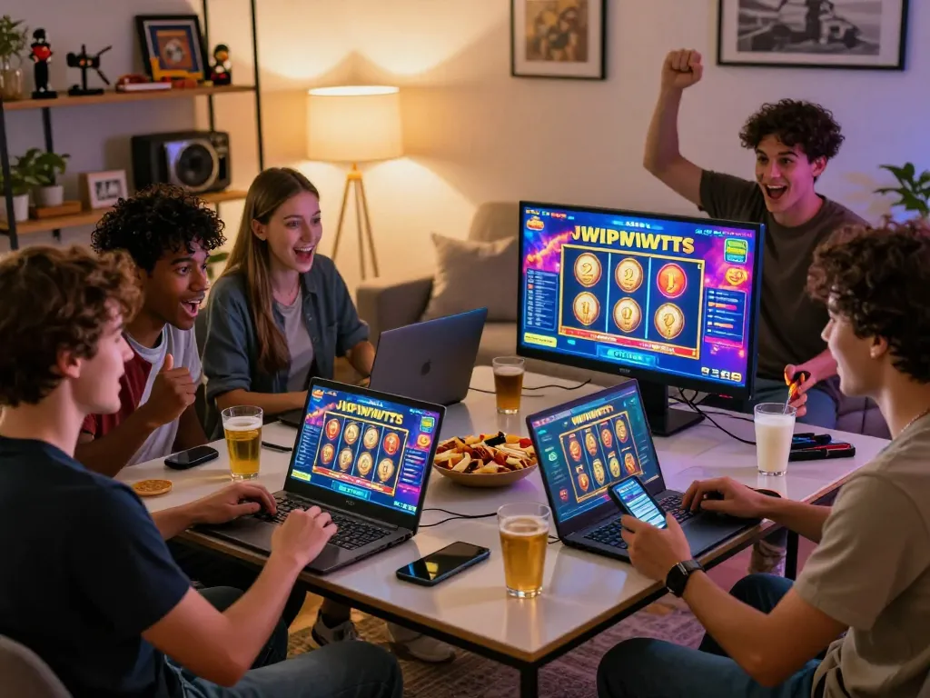 Friends celebrating a big win while playing slot via qris on laptops at home, vibrant online gaming atmosphere.