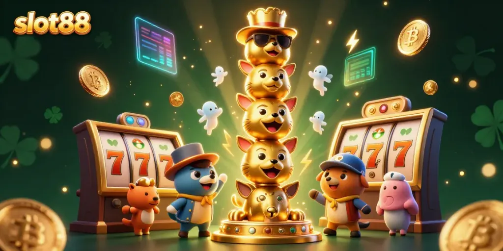 Engage with slot88 and experience a vibrant 3D cartoon with totem poles, slot reels, and crypto coins.