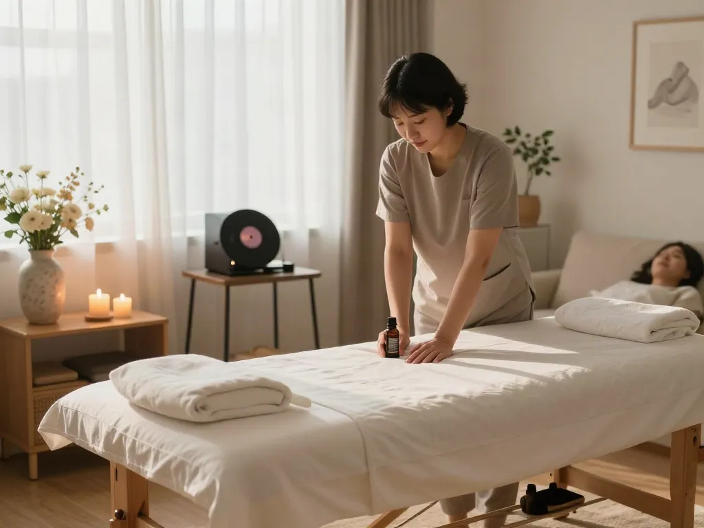 Relaxing home massage setup for 동탄출장마사지 with soothing oils and calming decor.