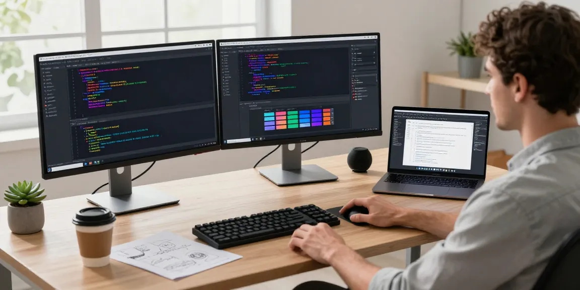 Developer at a modern workspace coding for teiegramin.com with dual monitors and design tools.