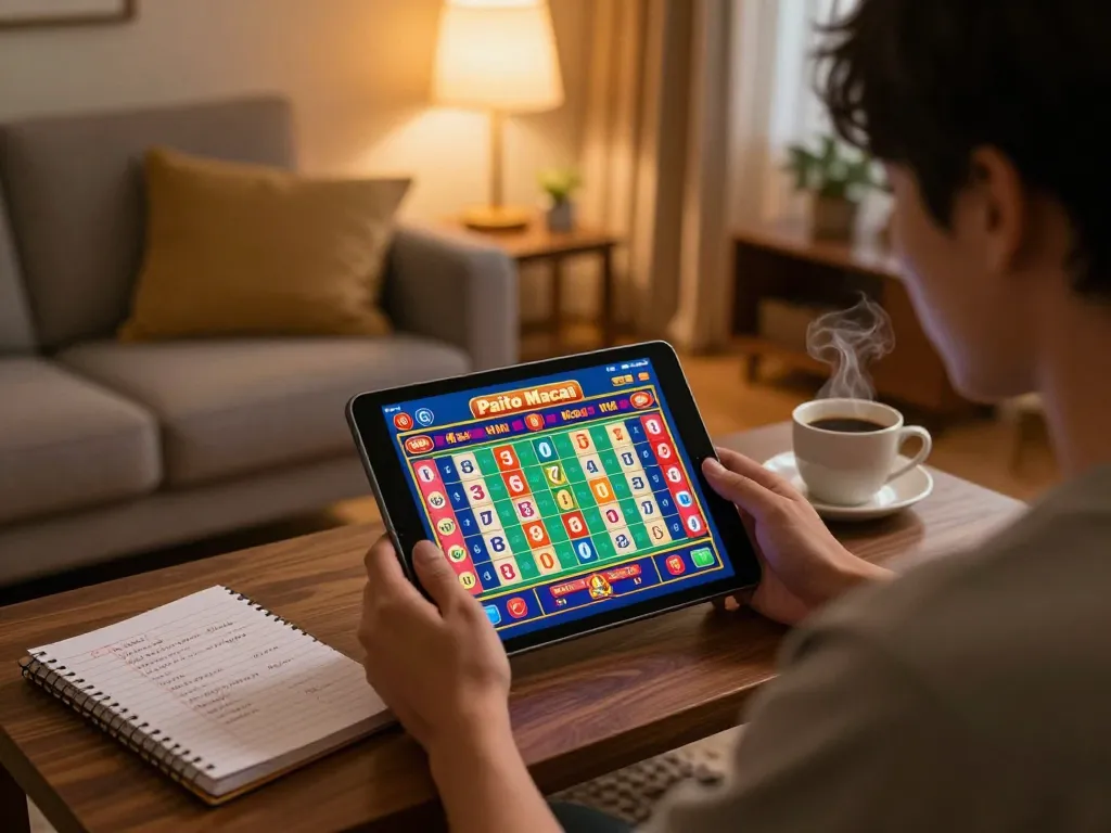 Paito macau gameplay displayed on a tablet, showcasing vibrant online gambling excitement in a cozy setting.