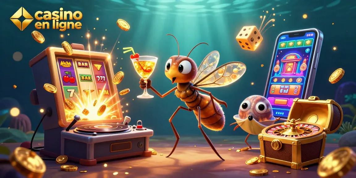 Casino en ligne: illustration dynamique d'un moustique mascotte avec une machine à sous explosant de pièces d'or.