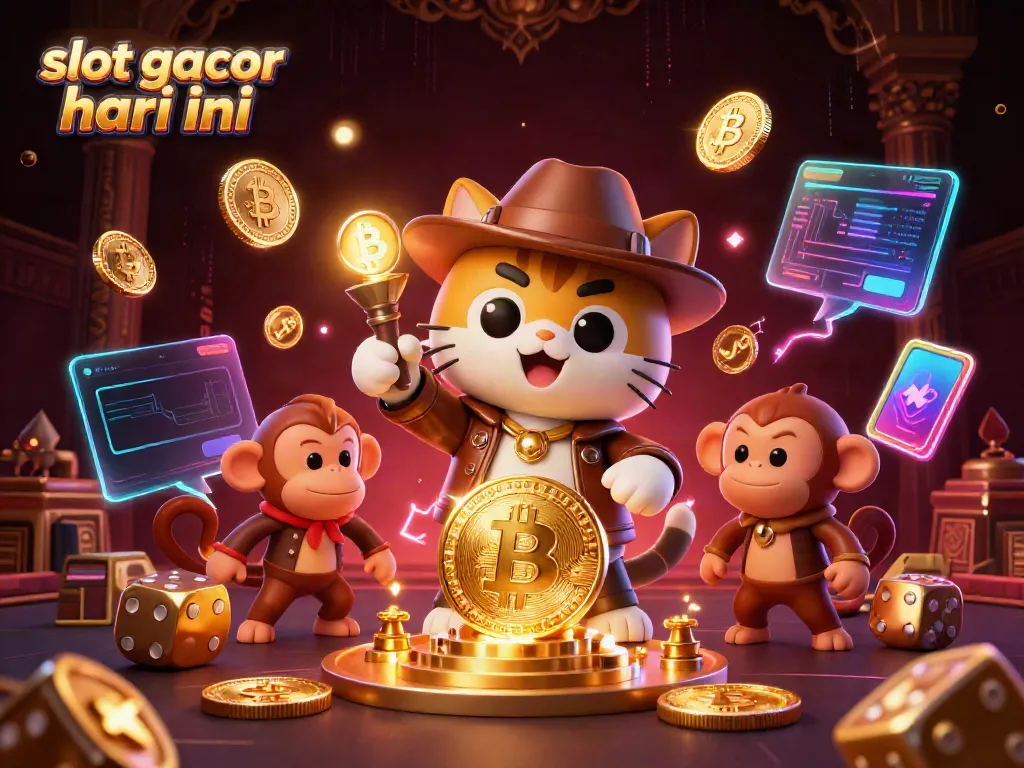 Visualisasi dinamis suasana slot gacor hari ini dengan penjelajah kucing dan teman monyet yang menggenggam artefak kasino emas.