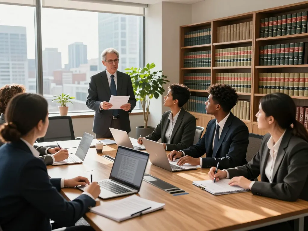 Team of USA lawyers collaborating in a modern legal office environment.