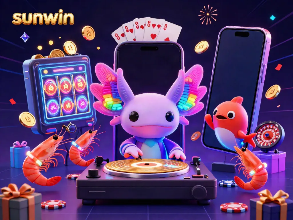 Spin to win with sunwin's vibrant gaming scene featuring a neon axolotl DJ and dynamic casino elements.