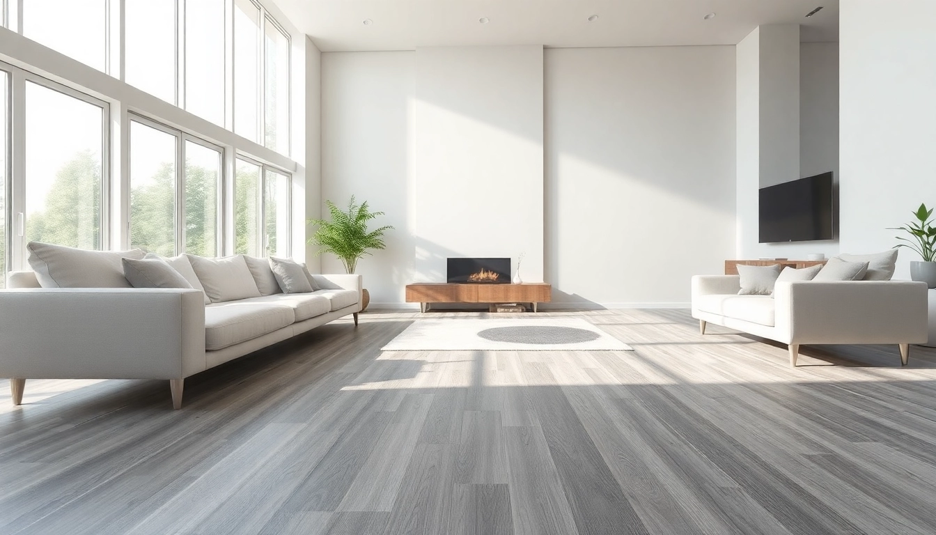 Stunning grey vinyl flooring enhances a modern living room's elegance and warmth.