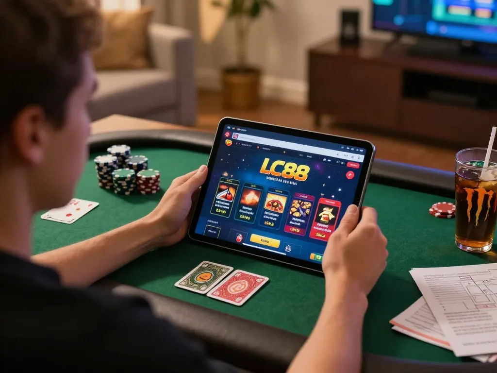 Player strategizing with LC88 casino app on tablet while engaged in online gambling