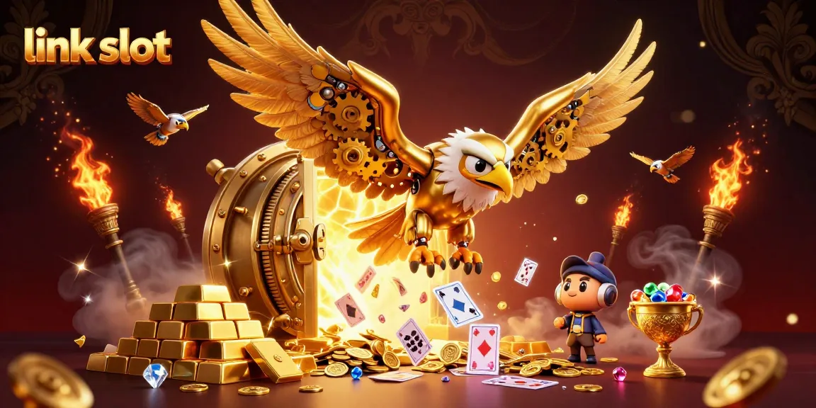 Experience thrilling action with link slot in this vibrant 3D scene featuring a golden eagle amidst cascading playing cards.