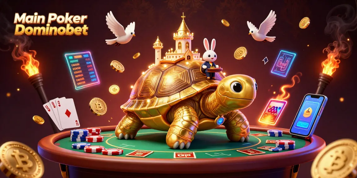 Main Poker Dominobet showcases vibrant cartoon characters engaging in a dynamic poker scene with glowing coins and neon elements.