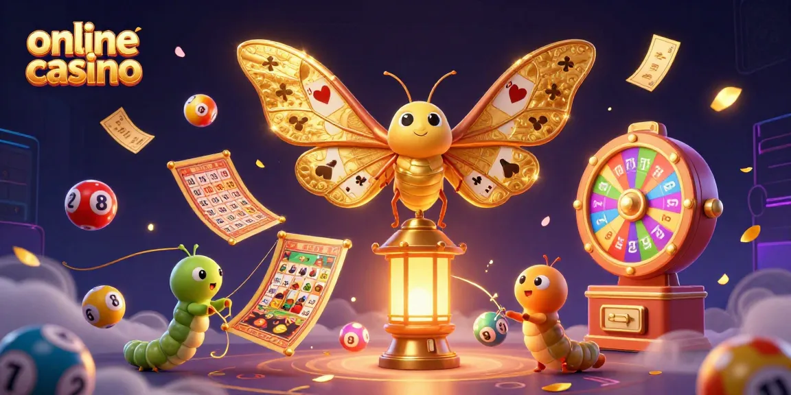 Experience the excitement of an online casino with a 3D depiction of an atlas moth, rich casino elements, and vibrant colors.