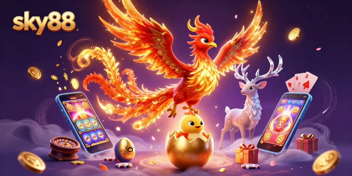 Experience excitement with sky88 as a phoenix rises amidst thrilling casino games and golden rewards.