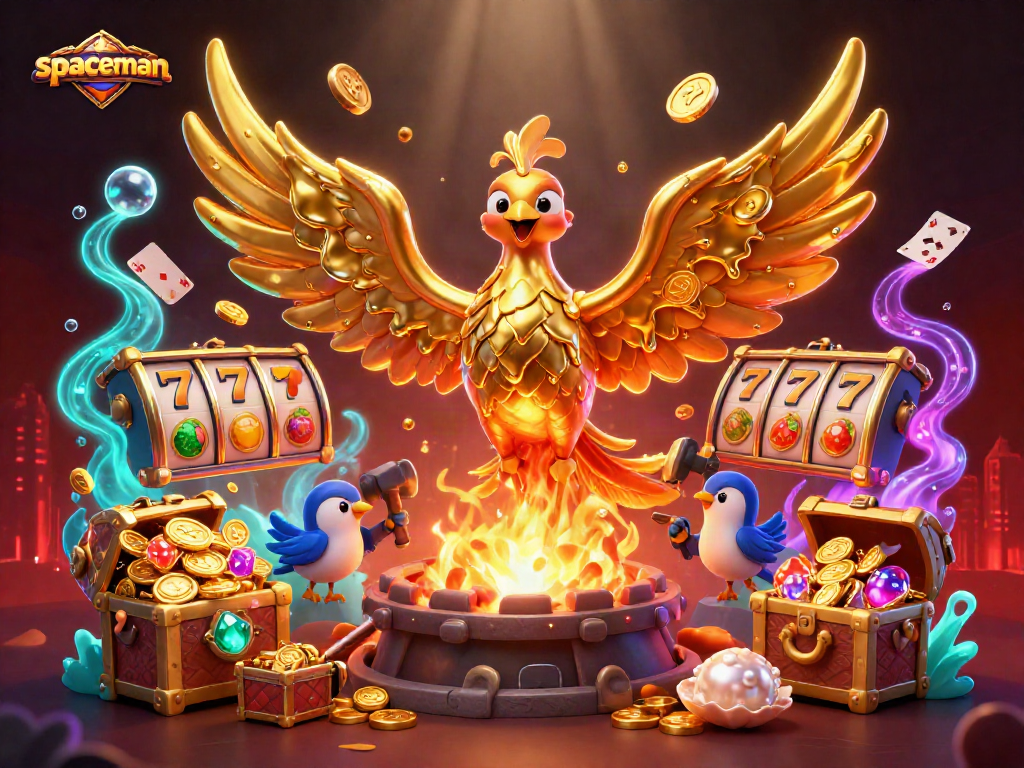 Spaceman-themed illustration showcasing a golden phoenix and lucky slot reels in a vibrant casino scene.
