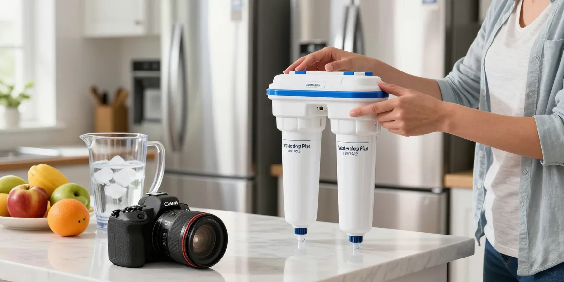 Waterdrop Plus UKF7003 Replacement for Maytag® UKF7003 being installed in a bright kitchen, enhancing water quality and home health