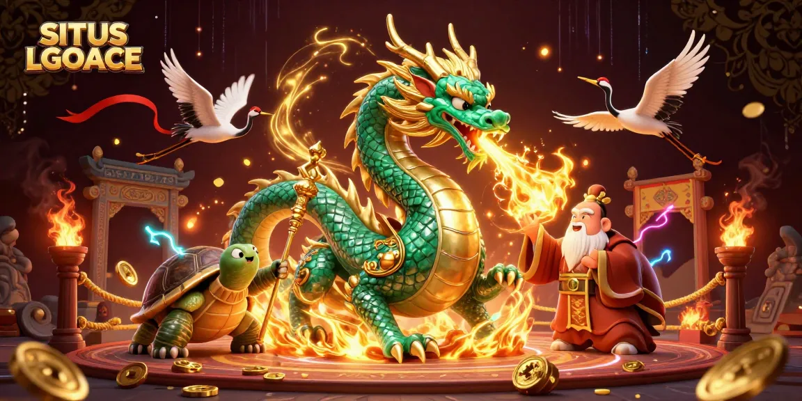 SITUS LGOACE offers thrilling gameplay with a massive jade dragon and lucky cranes in an enchanting casino scene.