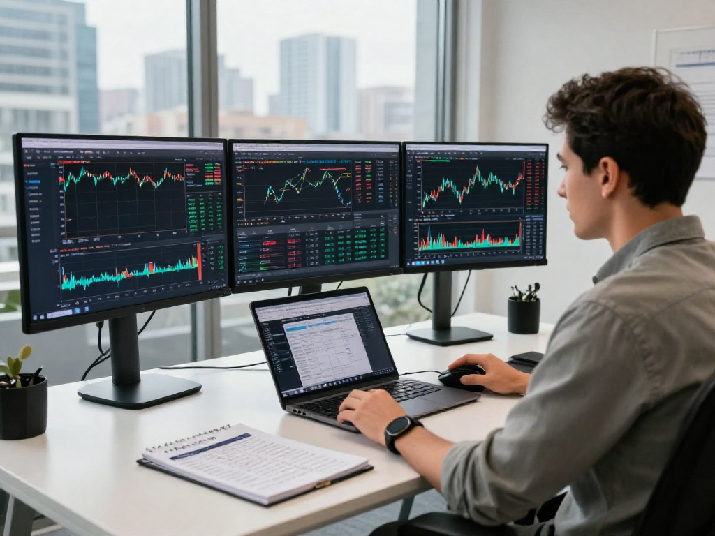 Trader using metatrader 5 in a modern office, analyzing charts and market trends.