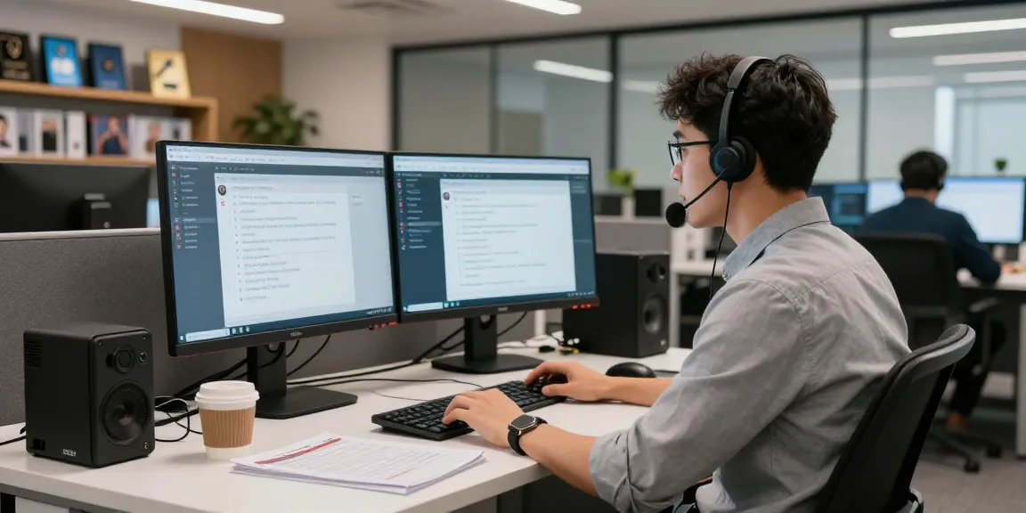 Telus-Technical-Support agent providing assistance in a modern office setting with dual monitors and tech resources.