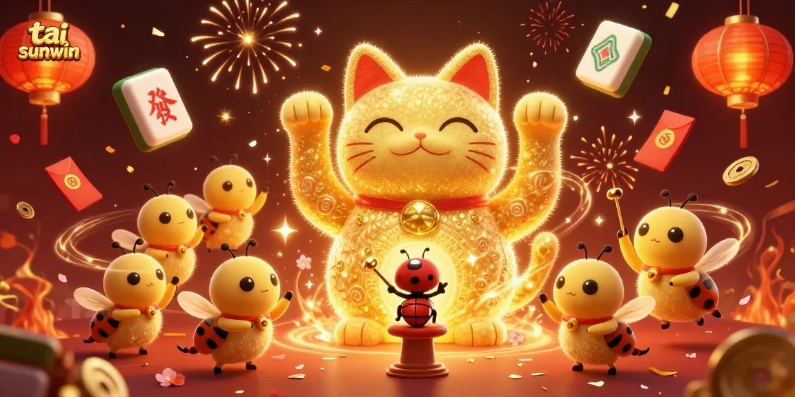 Experience the excitement of tai sunwin with a dazzling illustration featuring a lucky cat and casino symbols.