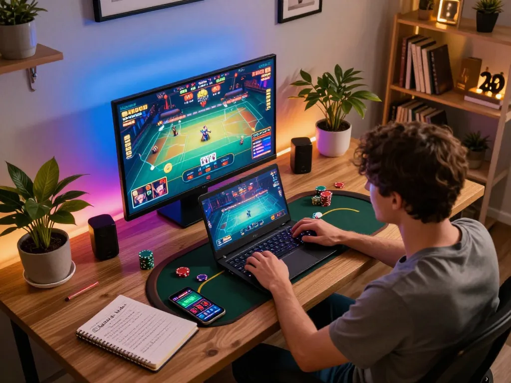 Player engaging in strategic poker online at home with viral4d gaming interface on laptop, cozy setup with warm LED lighting.