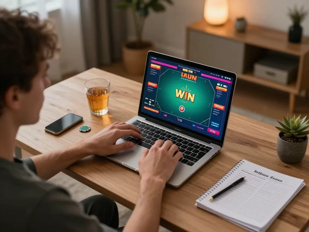 Engaging gameplay at sun win online casino with a player immersed in poker strategy on a laptop.