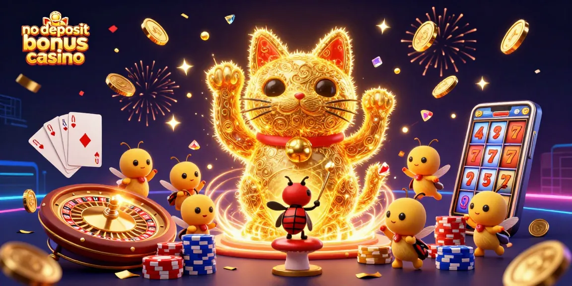 No deposit bonus casino illustration featuring a lucky cat and casino symbols in a vibrant casino scene