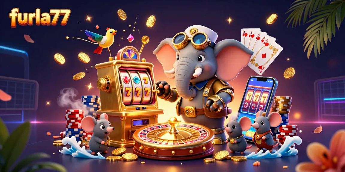 Experience winning thrills at furla77 with our 3D steampunk casino adventure featuring golden slot machines and vibrant game elements.