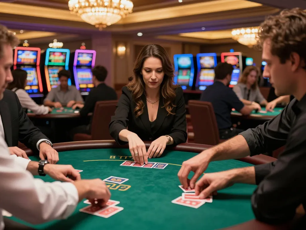 TT88 players engaged in dynamic poker gameplay with dealers and vibrant casino atmosphere.