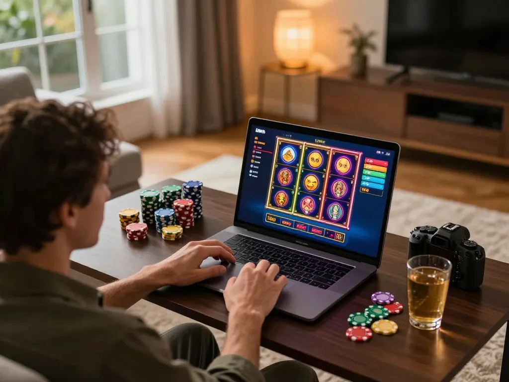 Player engaging with iWin casino games on a stylish laptop, showcasing a vibrant home environment.