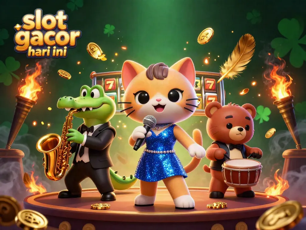 Ilustrasi slot gacor hari ini dengan karakter menarik dan elemen kasino yang memukau.